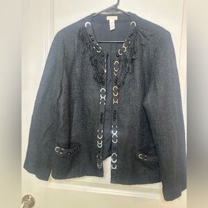 Chico’s Pure Classic Prena Boucle Fringe Beaded Silver Ring Black Lady Jacket